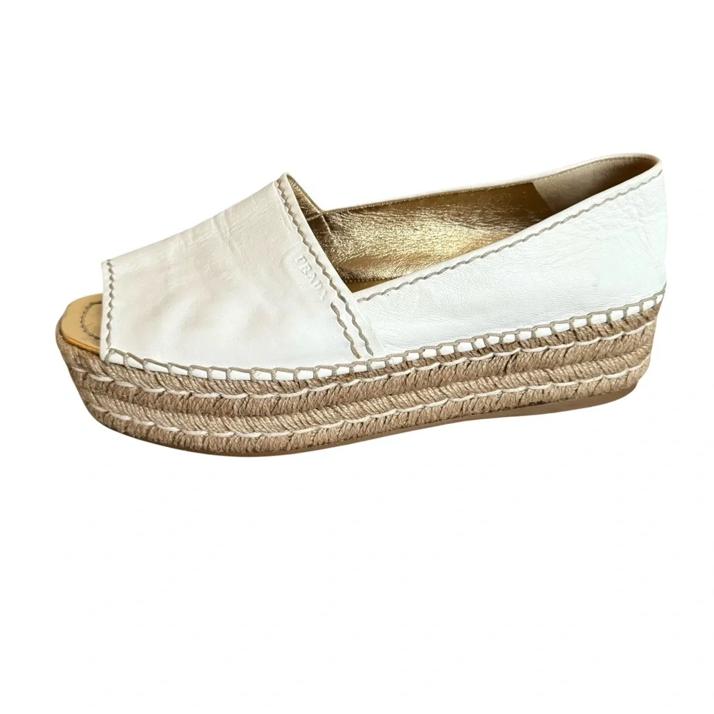 PRADA Platform Open Toe Espadrille White Nappa Leather